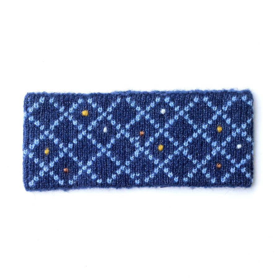 Alpaca & Silk žakárová čelenka s vyšívanými puntíky / modrá