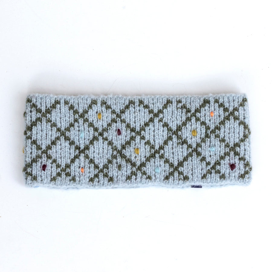 Alpaca & Silk žakárová čelenka s vyšívanými puntíky / šedomodrá