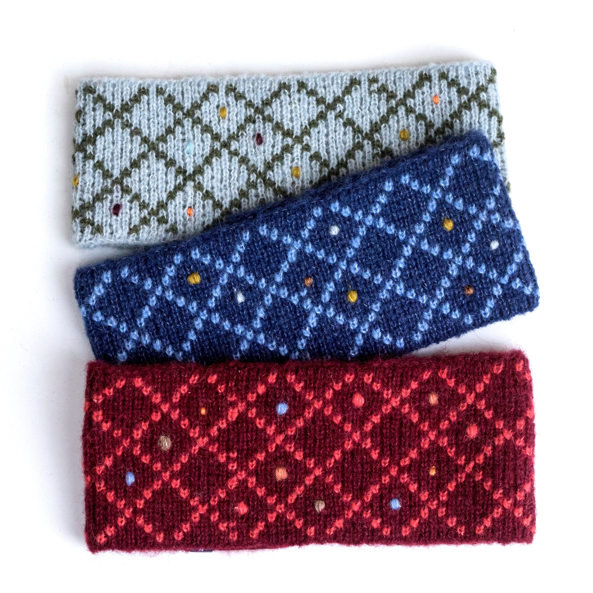 Alpaca & Silk žakárová čelenka s vyšívanými puntíky / šedomodrá