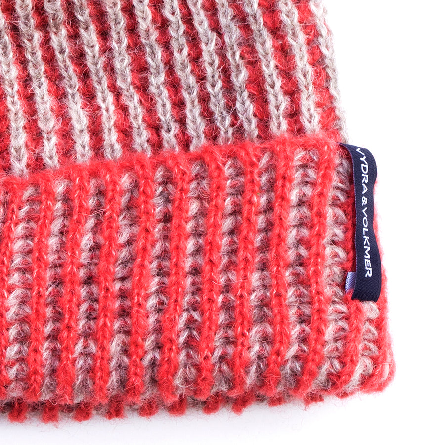 Alpaca & Silk čepice pružná s pruhy korálovo-šedá
