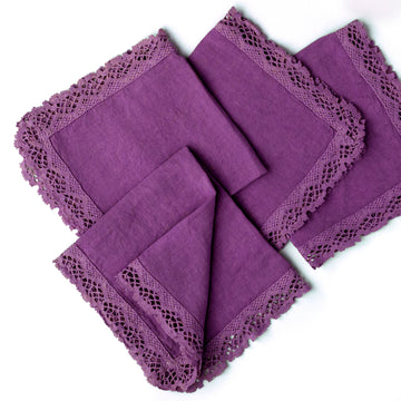 Lněné ubrousky s vambereckou krajkou v odstínu Amaranth Purple - PREORDER