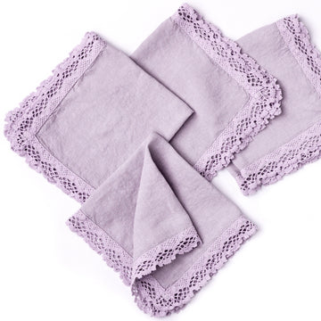 Lněné ubrousky s vambereckou krajkou v odstínu Lavender Frost - PREORDER