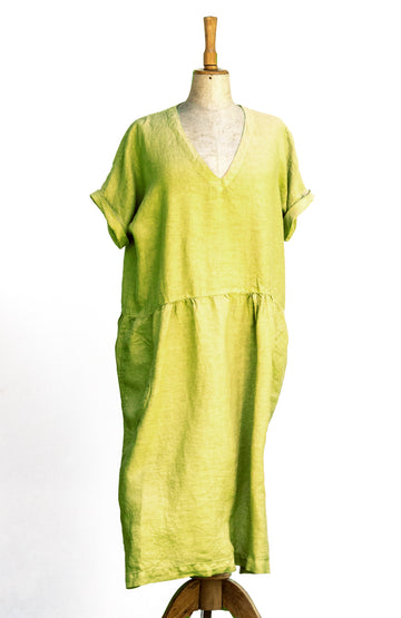 Linen "country" dress in Pantone Limeade shade - preorder