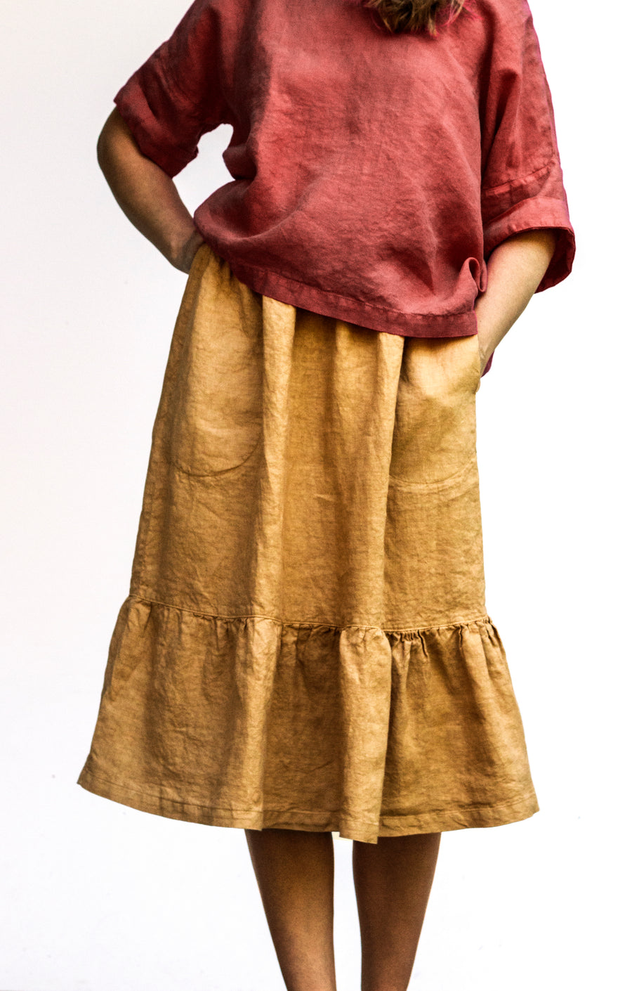 Midi sukně s kanýrem v odstínu Curry